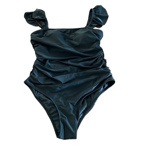 Hilinker Black one piece Swimsuit with Shoulder Ruffle NWT Woman Size Medium - Picture 1 of 11